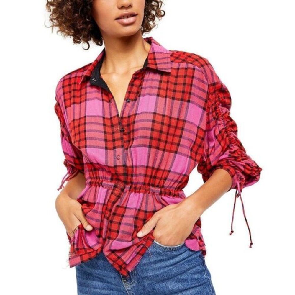 ‎Free People NEW Red Plaid Tied-Cuff Shirt Top M